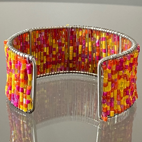 Boho Beaded Pink & Yellow Cuff Bracelet - Picture 2 of 4